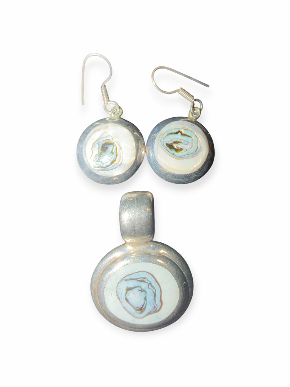 Vintage Sterling Silver Round White Abalone Pendant and Earrings Set